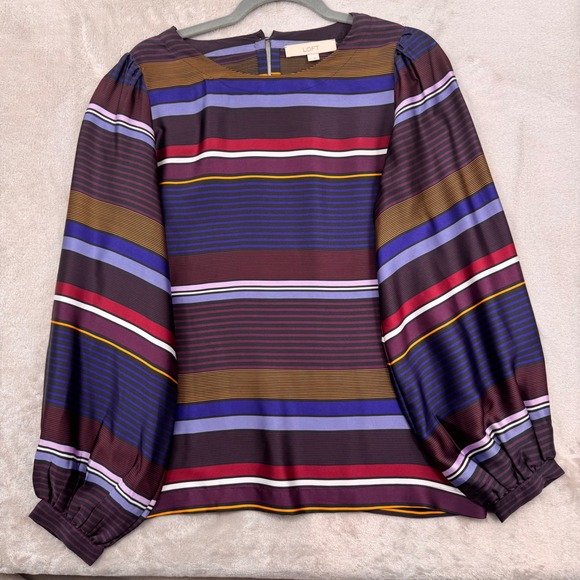 LOFT Tops - LOFT Womens Small Striped Long Sleeve Blouse Purple Blue Red Puff Sleeve Top